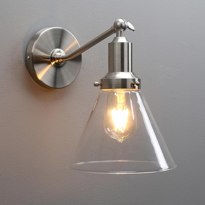 PERMO Industrial Vintage Slope Pole Wall Mount Single Sconce with Funnel Flared Clear Glass Shade Brushed Wall Sconce Light Lamp Fixture