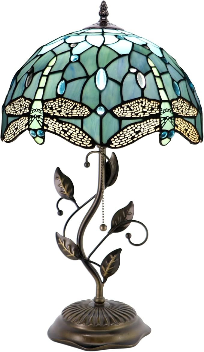 Tiffany Table Lamp Stained Glass Desk Lamp Metal Leaf Base Reading Light 12X19 Inch (Sea Blue Dragonfly)