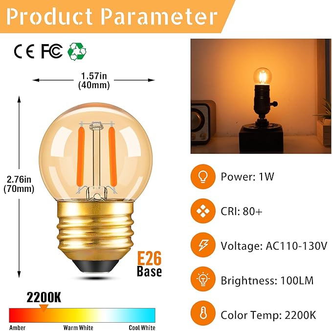 G40 LED Low Watt Light Bulbs Warm Glow E26 Amber 1W 10 Watt Light Bulb,Low Lumen Light Bulb Small Edison Short Decorative Dim Light Bulbs for Lamp,Bedroom,Warm White 2200K 100LM,Non Dimmable,2 PACK