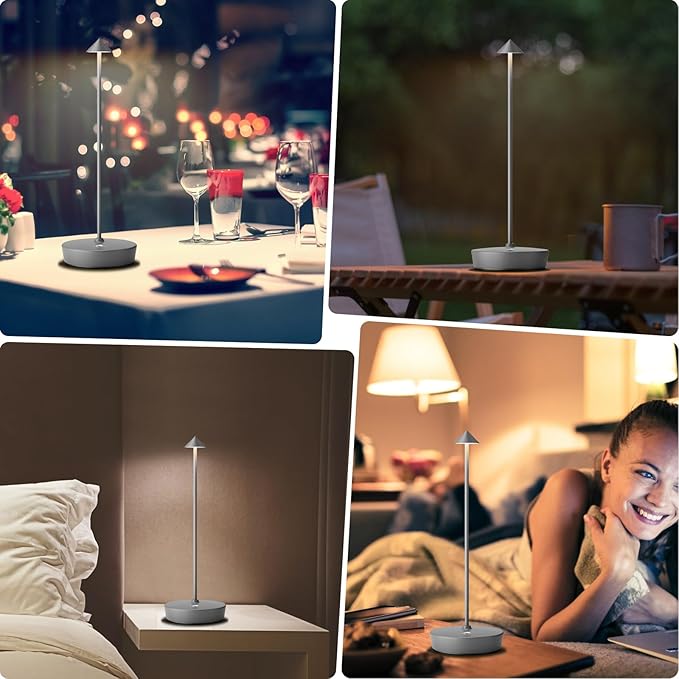 2Pack Rechargeable Cordless Table Lamp, Portable Powered LED Battery 6000mAh Metal USB Desk Lamp, 3 Levels Brightness Light for Restaurants Outdoor (2pack Gray)