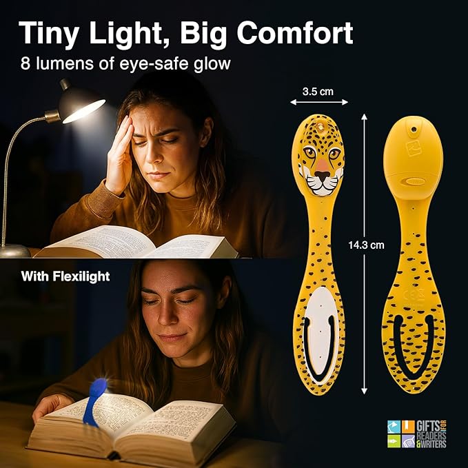 Gifts for Readers & Writers Bookmark Reading Light Leopard - 2in1 Clip On Bookmark Kids Book Light for Reading Night in Bed, Travel Cute Book Lights, Flexible 8 Lumen LED Lights for Books