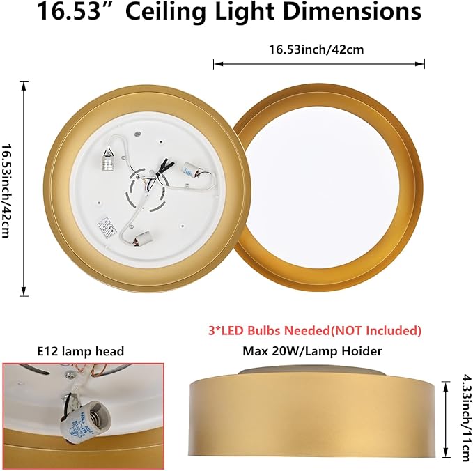 Modern Flush Mount Ceiling Light,Minimalist Close to Ceiling Lighting Fixture,Gold Circular Ceiling lamp for Bedroom,Dining Room,Entry,Hallway,Balcony, Bathroom (16.5'')