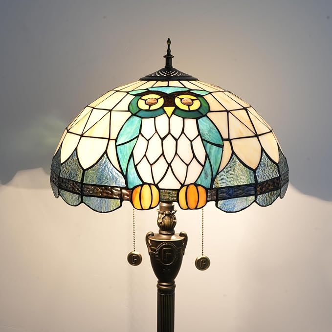 Tiffany Floor Lamp Owl Animal Stained Glass lamp for Living Room Bedroom Office Bright Lighting Rustic Corner Decor Standing Tall Unique Vintage Reading Aesthetic Light