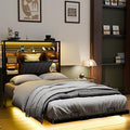 VINGLI Floating Bed Frame Twin Bed with Charging Station and LED Lights,Twin Metal Bed Frame,Cozy Hidden Storage Velvet Upholstered Headboard,No Box Spring Needed,Easy Assembly,Black