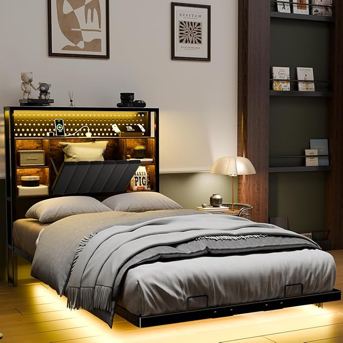 VINGLI Floating Bed Frame Twin Bed with Charging Station and LED Lights,Twin Metal Bed Frame,Cozy Hidden Storage Velvet Upholstered Headboard,No Box Spring Needed,Easy Assembly,Black