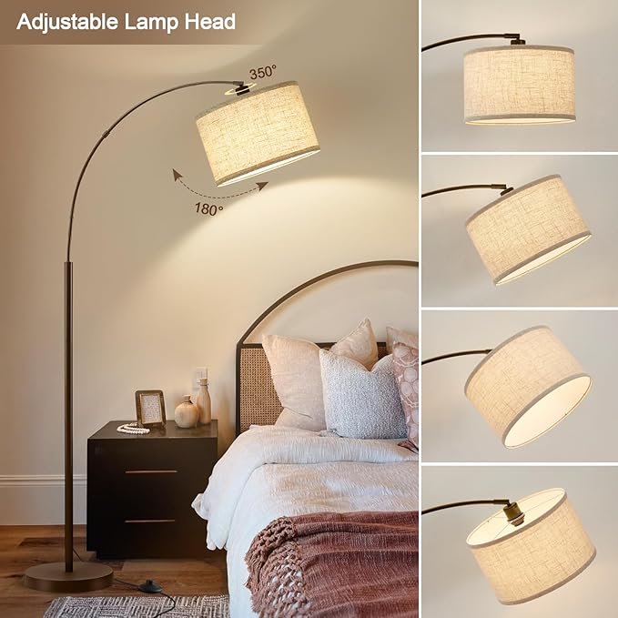 Luvkczc 71" Arc Floor Lamp for Living Room with Adjustable Lamp Head, Black Pole Lamp with White Shade, Standing Lamp with Foot Switch, Over Couch Arched Reading Light for Bedroom, Office, Study Room