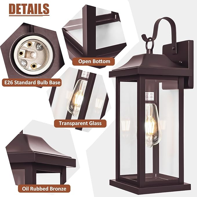 2-Pack 17 Inch Large Bronze Outdoor Light Fixtures, Exterior Vintage Outdoor Wall Sconces IP65 Waterproof Anti-Rust, Porch Lights with Clear Glass Outside Rustic Wall Lanterns E26 Bulb Base