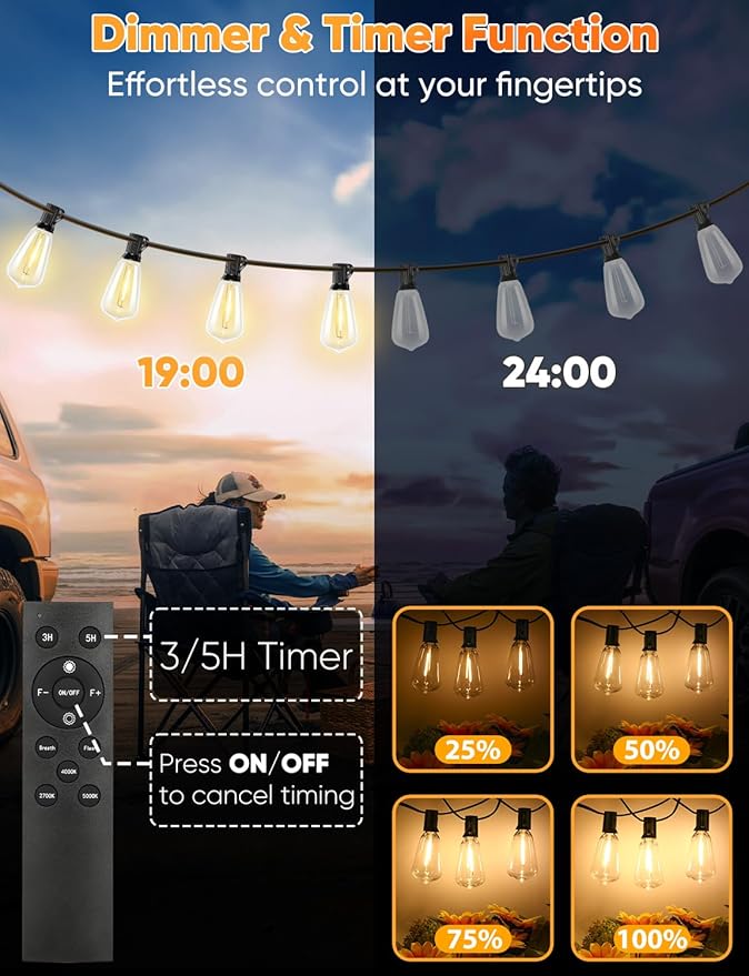Brightever 3 Color in 1 Outdoor String Lights with Remote, 150FT LED String Lights for Outside with 47 ST38 Vintage LED Bulbs, Waterproof IP65 Outdoor Light for Patio, Bistro, 2700K/4000K/5000K