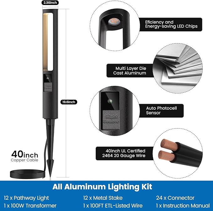 Low Voltage LED Landscape Lights Kit, 5W Auto Sensor Pathway Lights, Outdoor Driveway Garden Lighting with 100W Transformer and Connectors, Aluminum, 12-24V AC/DC, IP66, 2700K, 12 Pack