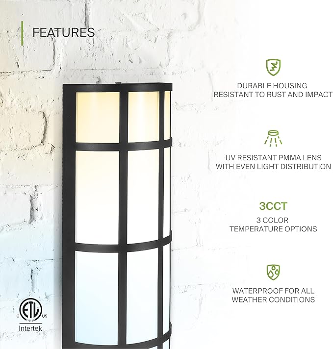 ASD 24 Inch LED Outdoor Wall Mount Light Fixture with Grid - Matte Black Modern Wall Sconce - 25W 120-277V 3000K 4000K 5000K Adjustable - Dimmable Exterior Lights - Front Door, Patio - ETL