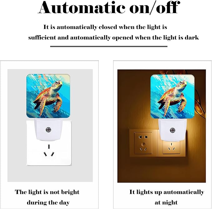 Watercolor Wild Turtle Night Light,Plug Into Wall for Boys Girls Bedroom Decorative Square Night Light Lamp 0.5w Sleep Friendly