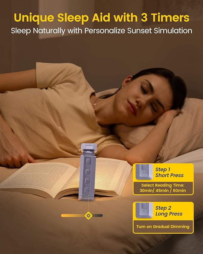 Glocusent Extendable Book Lights for Reading at Night, 5 Enhanced Brightness & 3 Colors with Sleep Aid & Timers, Clip on USB Rechargeable Reading Light for Books in Bed, Ideal Book Lovers Gifts