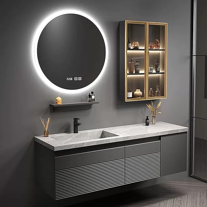 Modern Wood Bathroom Vanity - Additional Side Cabinets with Ambient Lighting & Glass Cabinet | Luxurious Bathroom Vanity with Sink, LED Defogging Function (60'')