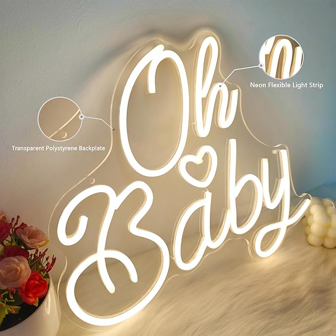 Oh Baby Neon Sign for Wall Decor, Baby Shower Neon Sign with Dimmer, Warm White Led Light for Bedroom Decor, Wall Decoration USB Powered with Switch, Gift for Mother