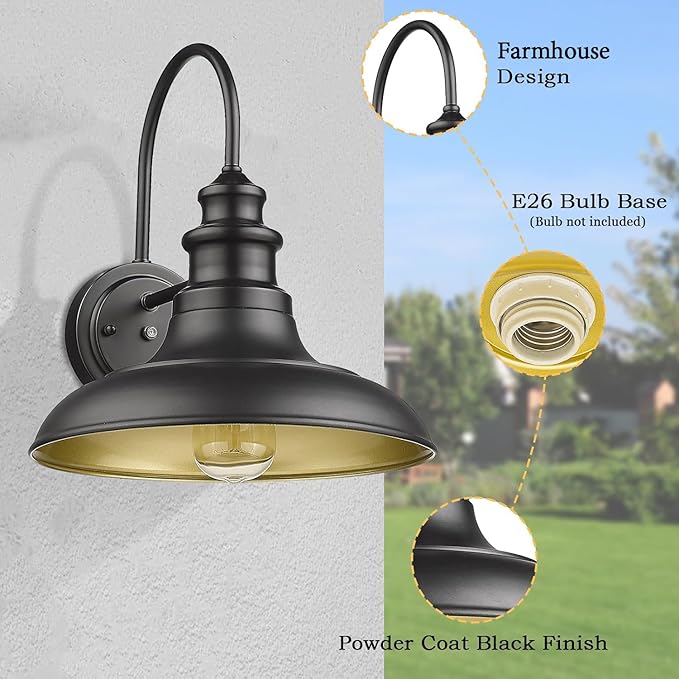 Dusk to Dawn Sensor Outdoor Barn Light Fixture, 12.3 Inch Dome Outdoor Wall Sconce Farmhouse Wall Mount Lights Exterior Light Fixture Black Finish Industrial Wall Lantern for Porch, 1Pack