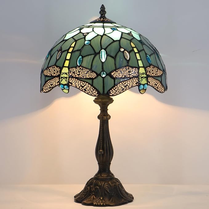 Tiffany Style Lamp Stained Glass Table Lamp Memory Sympathy Desk Reading Light 12X19 Inch (Sea Blue Dragonfly)