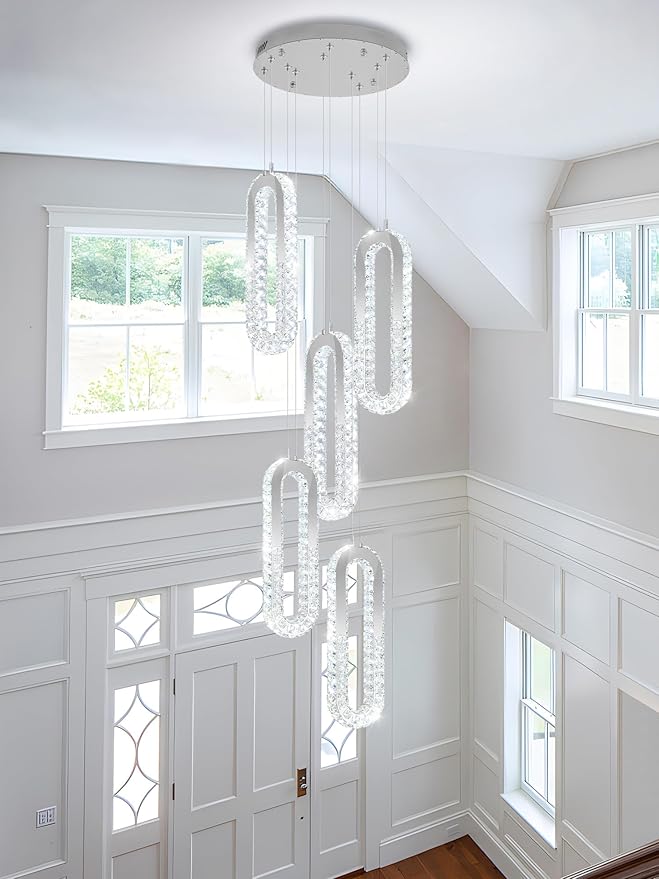 5-Lights Modern Crystal Chandelier for High Ceiling LED Dimmable Ring Pendant Chandeliers Stairwell Chandelier Lighting Silver