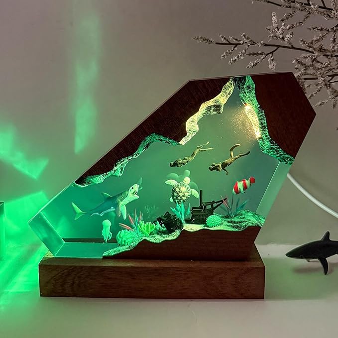Shark Ocean Resin Lamp, Handmade Resin Night Light for Home Office Decor, Multi-Color LED Light with USB Port, Shark Gifts for Birthday Holiday, Valentine's Day Gifts for Men Him Kids (8"x5")