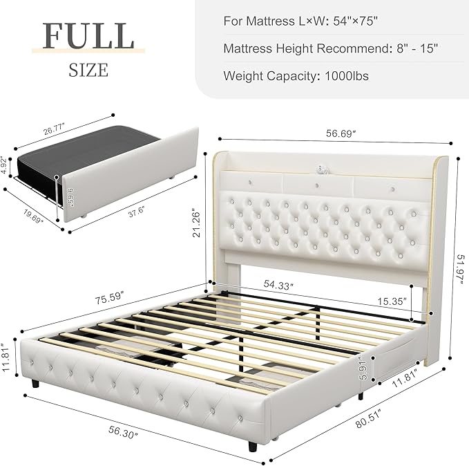 Full Led Bed Frame with Galaxy Aurora Star Projector, Full Size Platform Bed with 2 Storage Drawers, 52" Diamond Upholstered Headboard with Charging Station, Noise Free, No Box Spring Needed, PU White