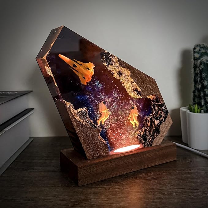 Space Resin Lamp - Handmade Galaxy Resin Night Light with USB Port, Variable Lights, Space Gifts for Adults, Astronaut Enthusiast Collectibles, Unique Birthday Gifts for Him & Her (10"x6")