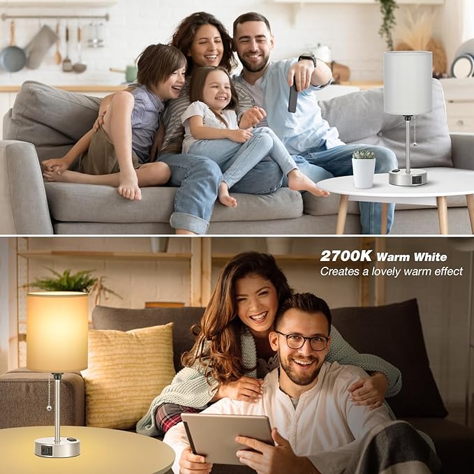 Dicoool Grey Bedroom Lamp for Nightstand - 3 Color Temperature Table Lamp with USB C and A Ports, Pull Chain Bedside Lamp with AC Outlet, Desk Lamp with Silver Metal Base for Kids Girls