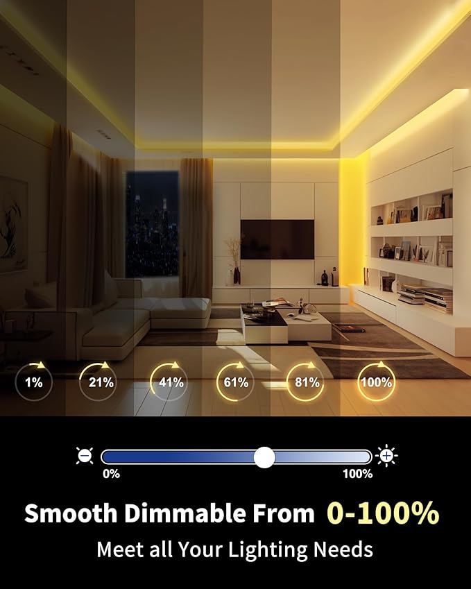 GOOVER COB LED Strip Lights 16.4ft, 3000K Warm White DC 12V Dimmable Tape Light, Ra 95+,150+LM/FT, 2.2W/ft, 1600 LEDs, UL Listed for Cabinets,Bedroom(Power Supply Sold Separately)