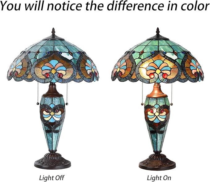 Bieye L10801 Baroque Tiffany Style Stained Glass Table Lamp, Lighted Base 24 inches Tall, Blue