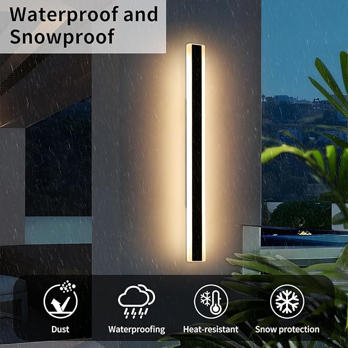 57inch Modern Outdoor Wall Sconce, 3 Color 3000K/4500K/6000K, 50W, IP65 Waterproof Outside Long Wall Lights, Minimalist Linear Wall Lamp Lighting for Balcony, Patio, Porch, Garage