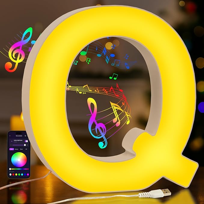 Light Up LED Letter Lights – USB Powered Color Changing Alphabet Sign, APP Controlled Night Light for Bedroom, Party, Birthday, Christmas & Valentine Decorations,Q