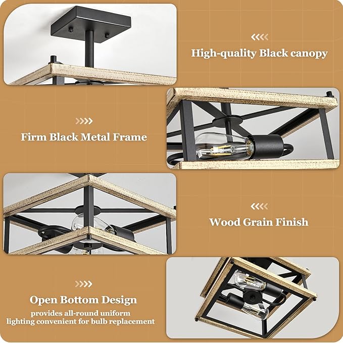 Farmhouse Ceiling Light Fixture 2-Light Square Hallway Light Black and Metal Frame Wood Grain Vintage Industrial Ceiling Lamp for Bedroom Kitchen Foyer Living Room Dining Room