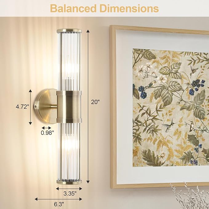 Modern Vanity Light Fixture, Brushed Bronze Wall Sconce with Glass Rod Shades, Double Socket E12 Candelabra Base for Bathroom Mirror Lighting (Bulbs Not Included)