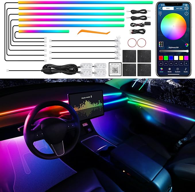 Dreamcolor Acrylic Interior Car LED Strip Light with Wireless APP, RGB 14 in 1 with 175 inches 612 LEDs Fiber Optic Strip Lights for Car, Dual Zone Music Sync Neon Car Ambient Lighting Kits