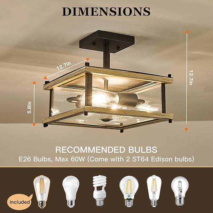 2-Light Farmhouse Motion Sensor Outdoor Ceiling Light Square Metal Frame Wood Grain Flush Mount, Industrial Exterior Porch Light Fixture with Clear Glass for Balcony Hallway Garage Entryway