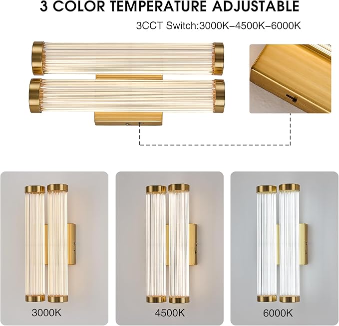 Modern Glass LED Wall Sconce, 16.5' Gold Bathroom Wall Sconce, Modern Double Sconce Wall Lighting, 3CCT Dimmable Gold Wall Light, Bedroom Sconce, Wall Lamp for Living Room, Stairway, Hallway