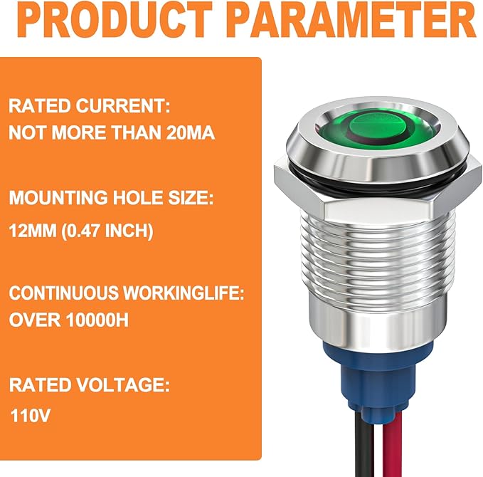 GASHER 5 PCS Energy Saving Indicator Light, LED Light 12V/24V/110V 20mA Panel Mount Light, Mounting Hole Size 12mm(1/2 inch) Green LED (110V)