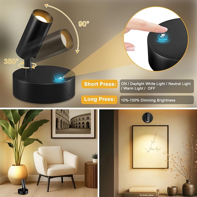 Kimjo Wireless LED Spotlight, Spot Lights Indoor, Uplighting Indoor with Timer and Dimmable, Rechargeable Wall Lights Picture Light Accent Lighting for Plants (2 Pack)