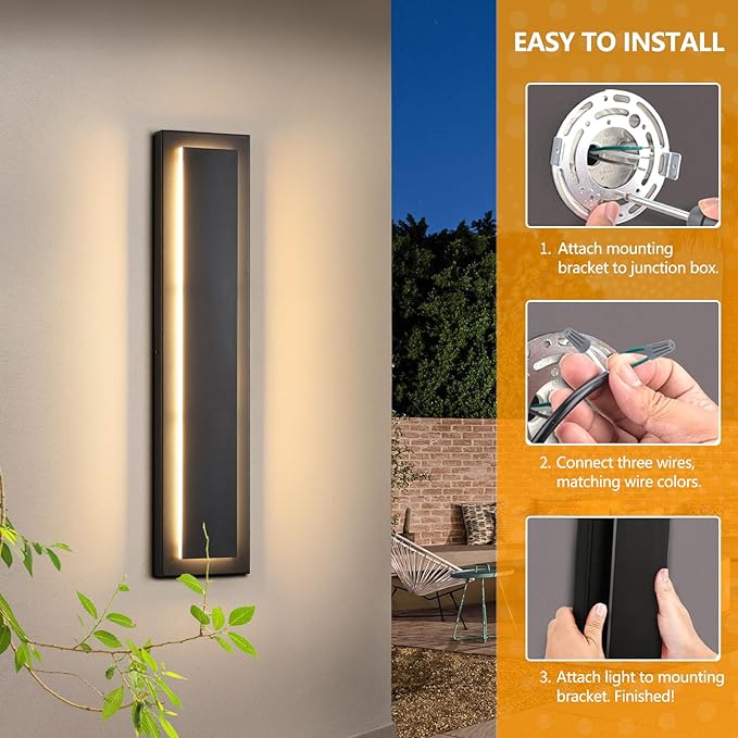 tewei 23.6 Inch Modern Outdoor Wall Sconce, Long Black LED Exterior Lighting Fixtures, Modern Large Outdoor Front Porch Lights Outside Wall Mount Lights for House, Warm White 3000K, 2 Pack