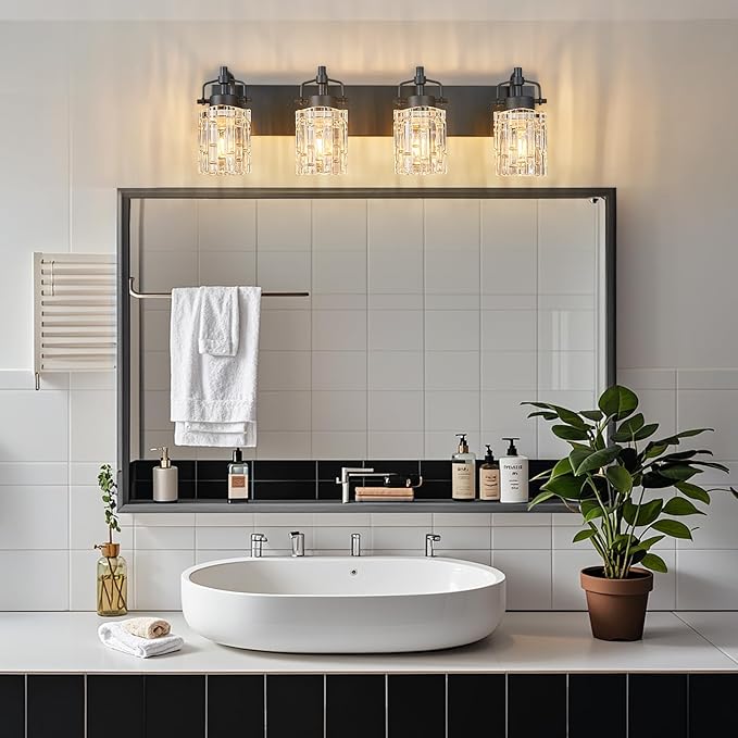 Modern 4-Light Vanity Light with Crystal Glass Shade - Black Bathroom Light Fixture Over Mirror