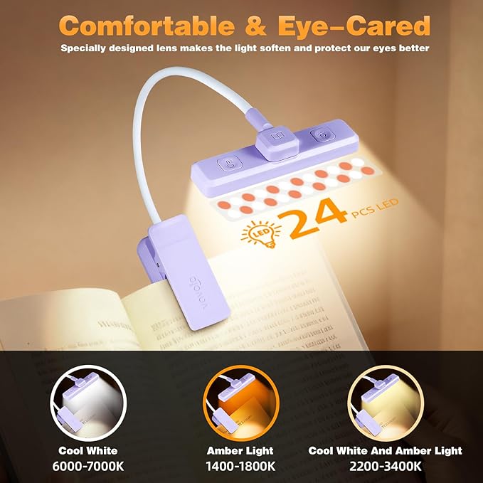 VAVOFO Rechargeable Book Light Rotatable：24 LEDs Reading Light, 3-Color & 9-Brightness Book Lamp, Eye Cared 120Hrs Runtime Lightweight Clip on Led Light for Book Lovers (Purple)