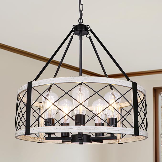 5-Light Vintage Farmhouse Chandelier, 20'' Antique White Rustic Chandeliers for Dining Room, Adjustable Metal Drum Hanging Pendant Light Fixture for Foyer Entryway Bedroom Hallway Kitchen