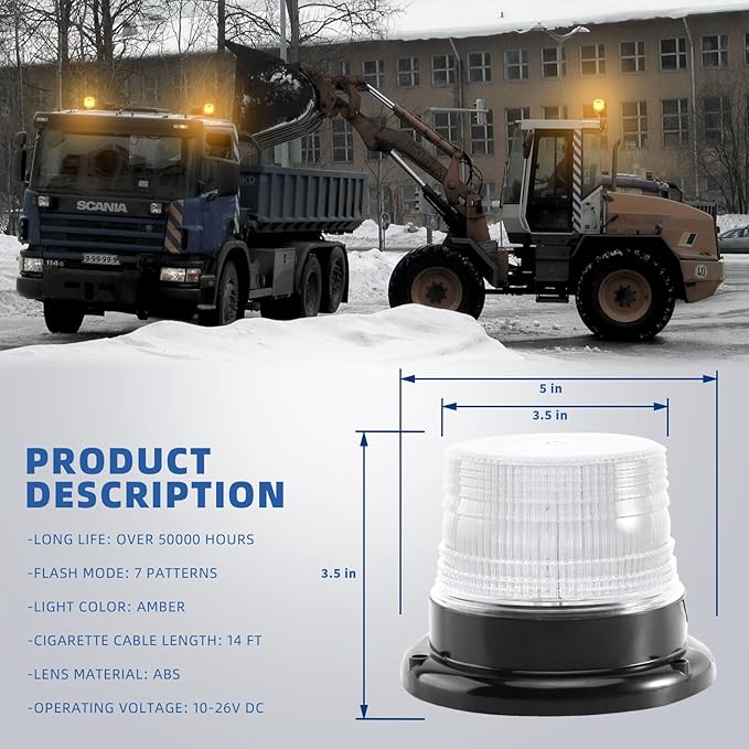 1-Pcs Amber/White LED Beacon Lights 12-24V Warning Safety Flashing Emergency Roadside Strobe Mini Light Bar with Magnetic Base for Snow Plow Truck Construction Vehicles Forklift Tractor