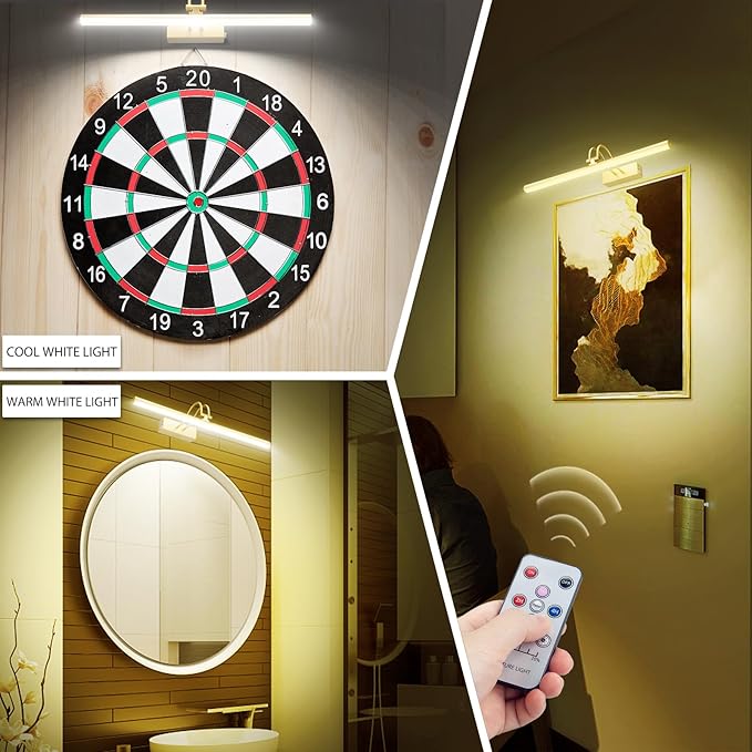 Picture Light,Picture Lights for Wall Cordless,20" Picture Lights with Timer and Dimmable,Battery Wall Lights for Display Gallery Painting Art Frame Portrait-Plated Gold 2Color