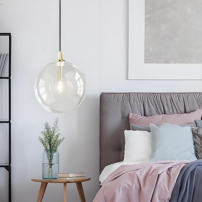 Minimalist Transparent Glass Ball Pendant Light in Gold Finish, Height Adjustable G4 LED Ceiling Haning Light for Dining Room & Living Room (25CM)