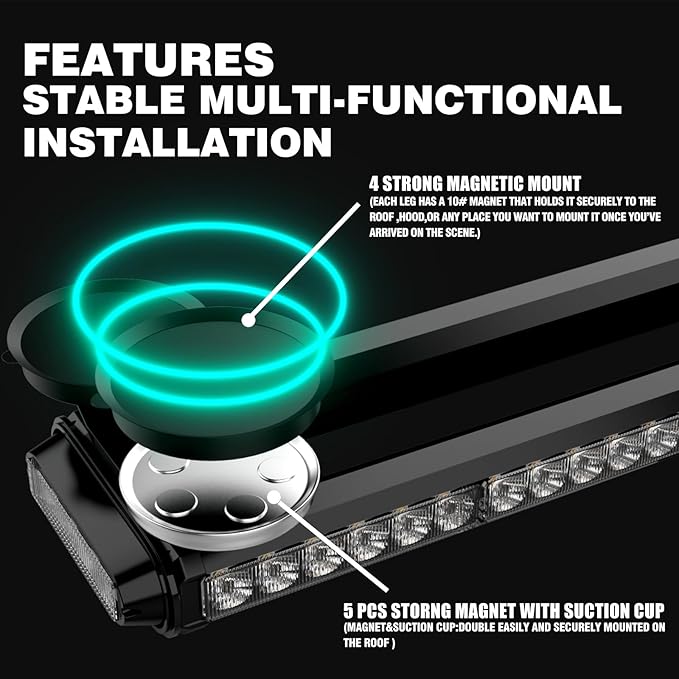 WINECO 38.5" Red Blue Roof Top LED Strobe Light Bar -Double Side 80 LED Emergency Hazard Warning Flashing Beacon Lighting Bar with Magnetic Base for Snow Plow, Trucks, Police,Construction Vehicles
