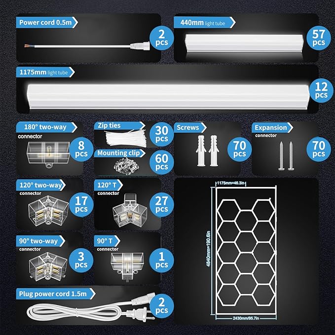 Hexagonal Garage Light, LED Honeycomb Garage Light, Easy Install, Super Bright Workshop, Car Detailing Shop, Basement, Gym, Wash Room Ceiling Lighting