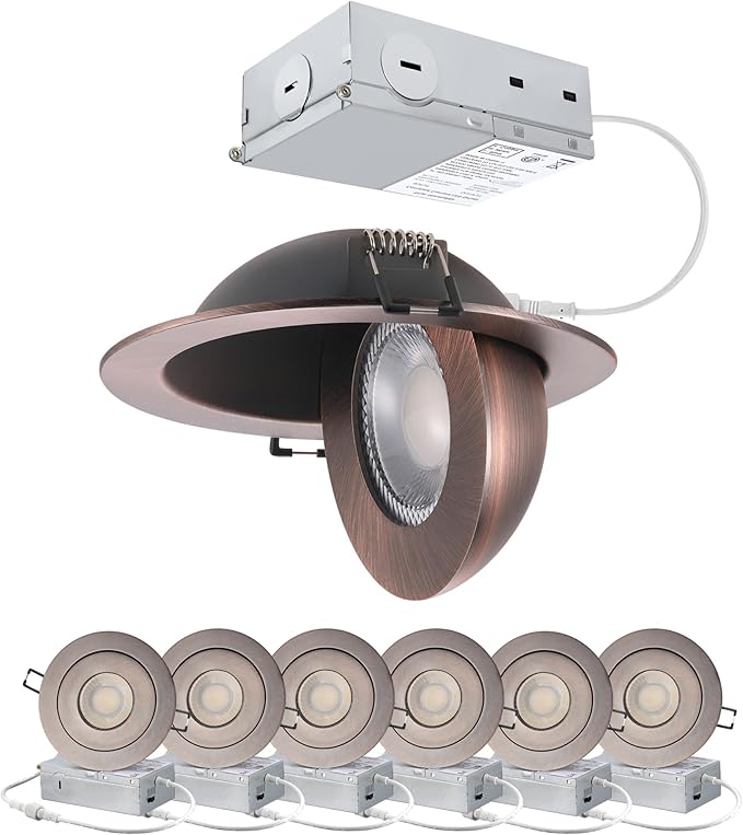 Canless Gimbal LED 4-inch - Swivel 90° tilt 360° Rotation Adjustable 6PACK 4" dimmable Eyeball LED Wafer recessed retrofit Ceiling Spotlight Can Light Oil Rubbed Bronze 4 inch 6 Pack
