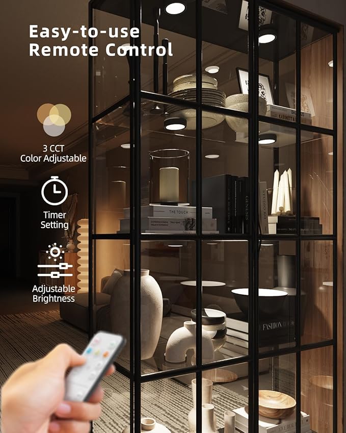 Rechargeable Puck Lights with Remote Control, 2400mAh Battery Powered LED Push Lights Stick On for Closet Magnetic Tap Light USB Display Shelf Lighting Kitchen Under Cabinet Press Button Light