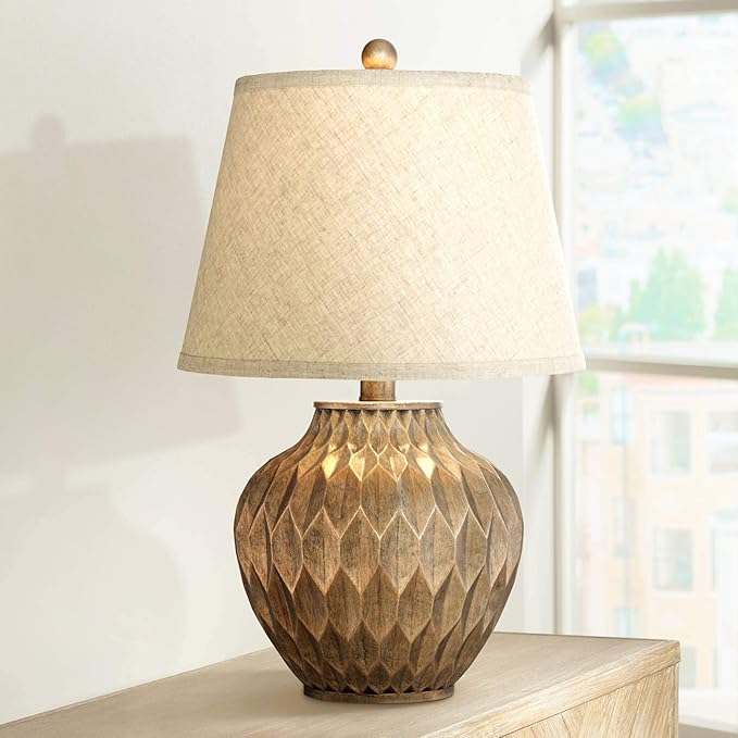 360 Lighting Buckhead Traditional Style Small Accent Table Lamps 22" High Set of 2 Warm Bronze Geometric Urn Tapered Drum Shade for Living Room Bedroom House Bedside Nightstand Home Office