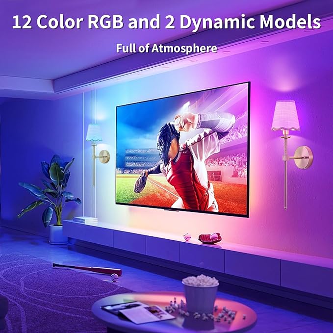 Boho Battery Operated Wall Sconce Set of 2, Gold Wireless Rechargeable Wall Lights with Rattan Shade, 12 RGB and 3CCT Dimmable Cordless Wall Lamps with Remote for Bedroom Living Room