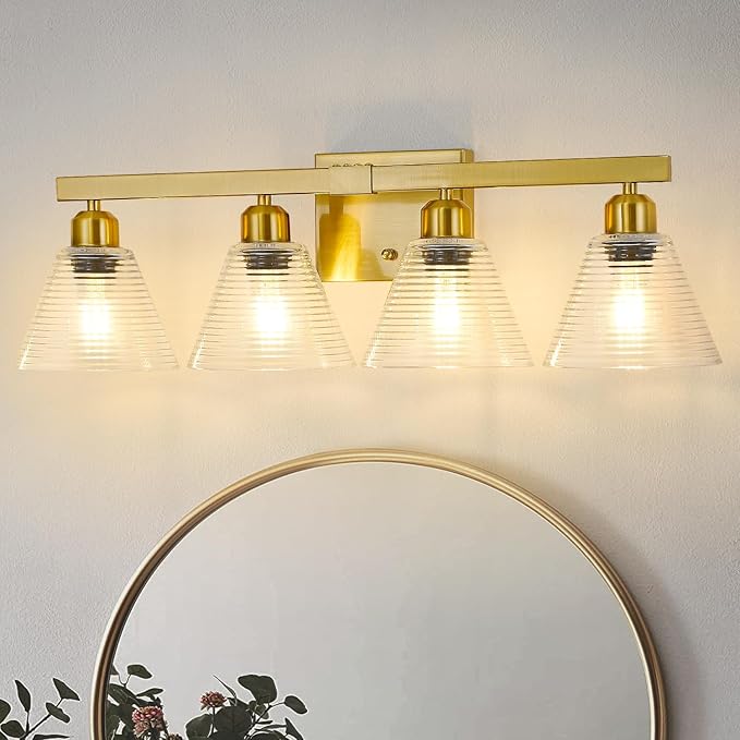 4-Light Modern Bathroom Light Fixtures, Gold Bathroom Vanity Lights with Clear Glass Shade, Farmhouse Wall Sconces for Mirror Kitchen Bedroom Living Room